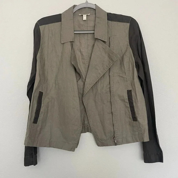Eileen Fisher Moto Jacket Medium Brown Tan Organic Linen Zip Front - Picture 2 of 10